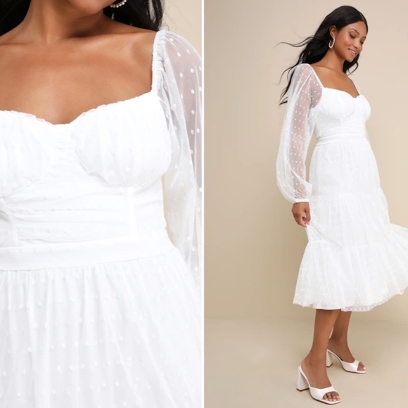 COPY - LULU's Bridal Shower Reception Swiss Dot Romantic Long Sleeve Midi Dress - Picture 5 of 5